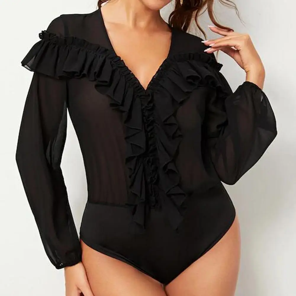 

Fashion Women Chiffon Ruffles Solid V-Neck Long Sleve Slim Mini Jumpsuit Combinaison Femme Elegante Femme 2019 Jumpsuit Y