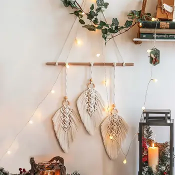 

Bohemia Hand Weaving Tapestry With Lamp String Leaf Shape Wall Hanging Ornaments Crafts Home Children's Room Decor