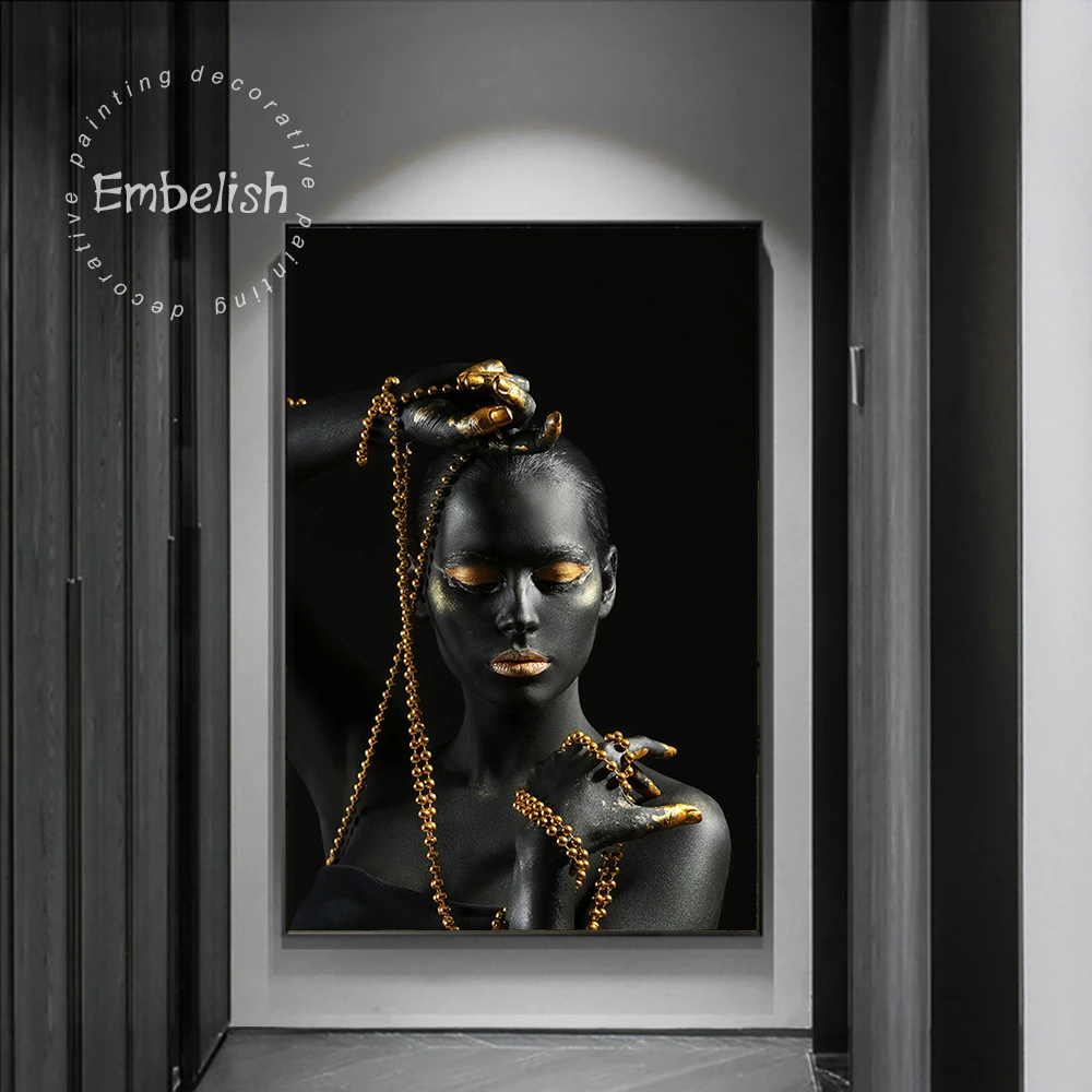1 Pieces Hot Sexy Nude Woman African Black Girl Pictures For Living Room Home Decor Golden Lips Posters HD Canvas Oil Paintings photo