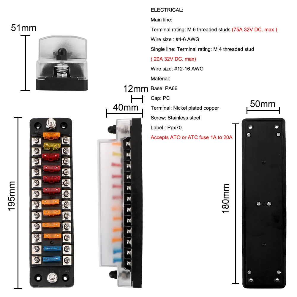 Fuse Holder Car Fuses Kit Fuse Box Holder Fuse Box Circuit Adapters and Fuse Set Fuse Box Holder 6 Ways 12 Ways Blade Fuse Block With Double Fuses For Auto Car Marine Trike Flame Retardant 32V 75A