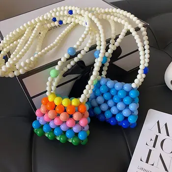 

Acrylic Shoulder Bag2020 Diy Material Hand-Woven Pearl Lipstick Bag Rainbow Beaded Messenger Ins Retro Mini Messenger Bags