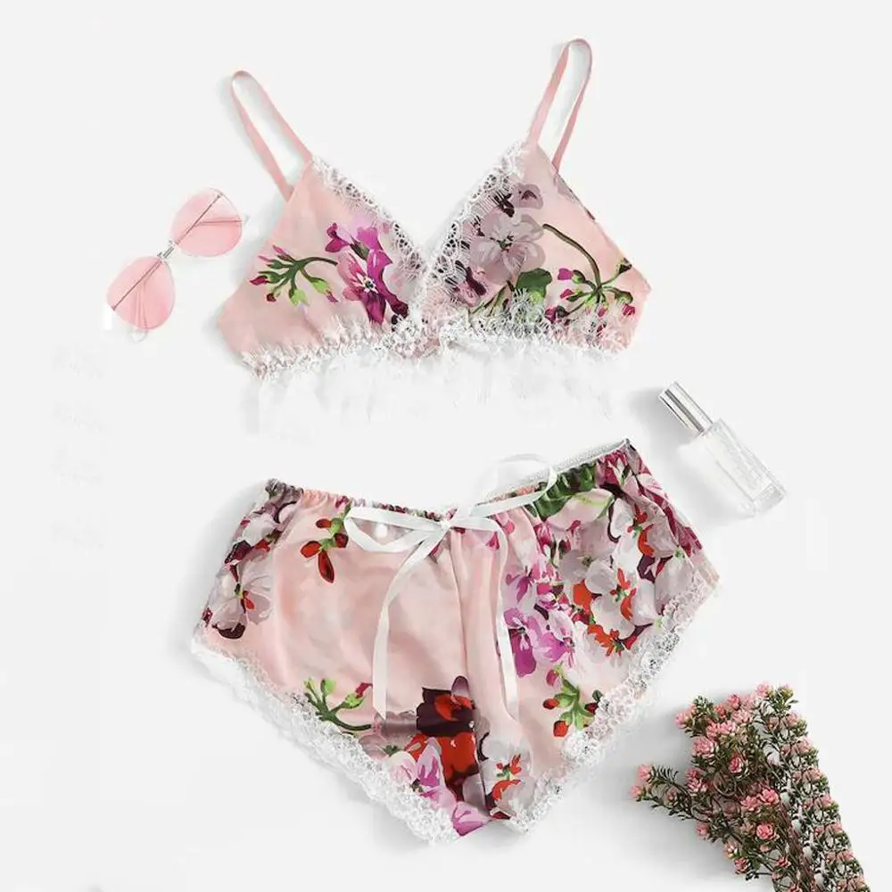 Модная Сексуальная Домашняя одежда Pigiama Donna, кружевная атласная одежда для сна, комплект нижнего белья, пижама с цветочной отделкой и бантом, одежда для сна