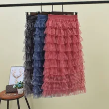 Милые клетчатые газовые макси длинные многоярусные юбки с завышенной талией, красные/синие Пышные юбки с оборками, многослойные юбки до щиколотки