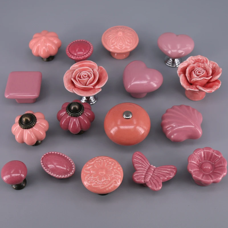 1pc Ceramic Dresser Knobs Pink Rose Red Cabinet Drawer Door