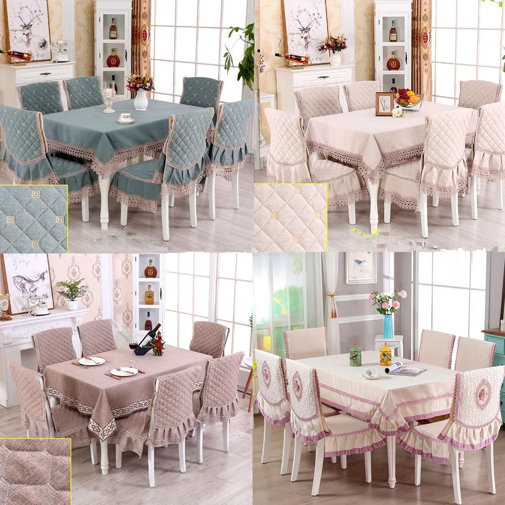 - Highgrade European Solid Color Table Cloth 1PCS Tablecloth 6PCS Chair Cover Modern Minimalist Nonslip dining Table Chair Set