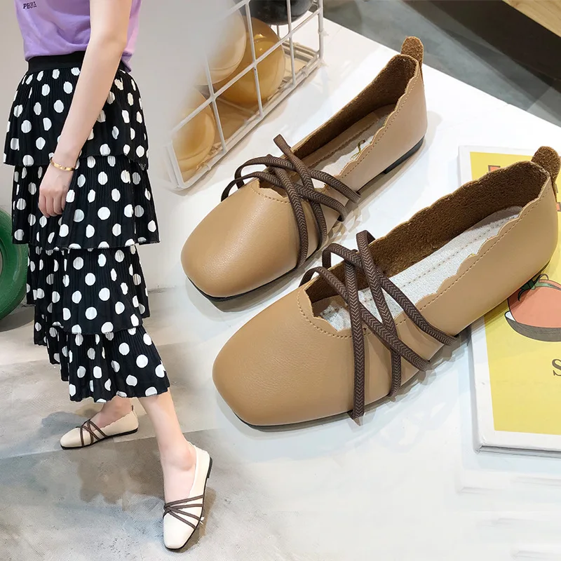 

New Style Shallow Mouth round Summer Forest Women's Cross Thin Drawstring Casual Single Shoes Suitable Fat Feet of Shoes Women's