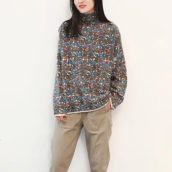 

2019 Women Autumn Korean Print Floral Knitted Sweaters Long Sleeve Cotton Pullovers Loose Vintage Turtleneck Top