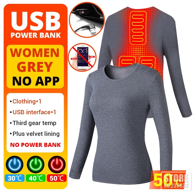 Winter Heated Underwear Suit Smart Phone APP Control Temperature USB Battery Powered  Fleece Thermal Motorcycle Jacket NEW 3 Area Women Grey