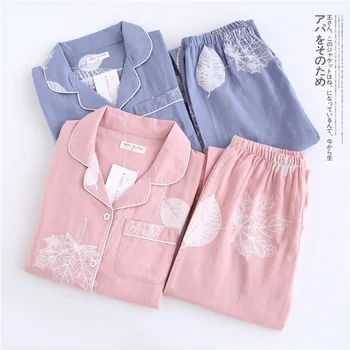 

Pajamas Set 2pcs Shirt+pants Full Cotton Sleepwear Set Lovers Women New Ladies Femme Turn-down Collar Female Homewear