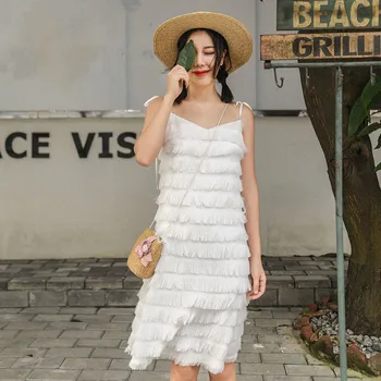

Summer Dress 2019 Women Sexy Casual Loose White Short Fringe Dress Ladies Elegant Slim Sling Dress vestido curto mujer Clothes