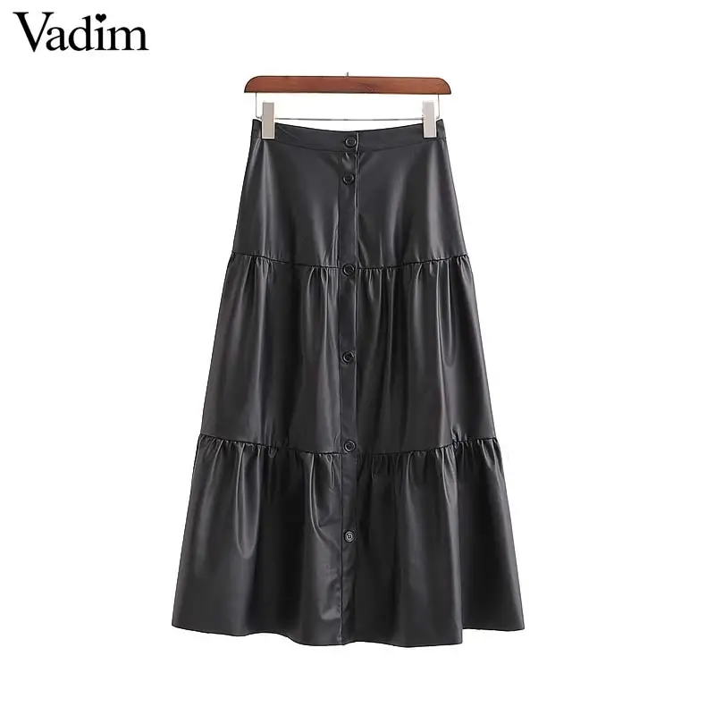 

Vadim women chic black PU leather midi skirt buttons high waist basic female casual mid calf stylish skirts mujer BA889