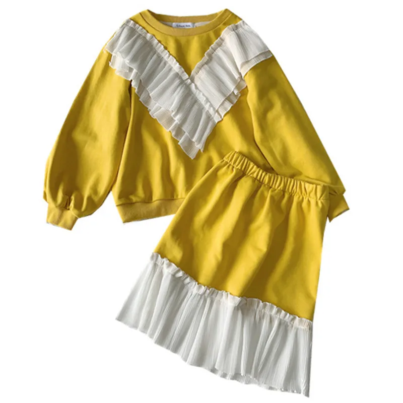 

2 to 12 years kids & big girls ruffle pullover sweatshir with flare skirts two pieces set girl fall winter cotton casual sets