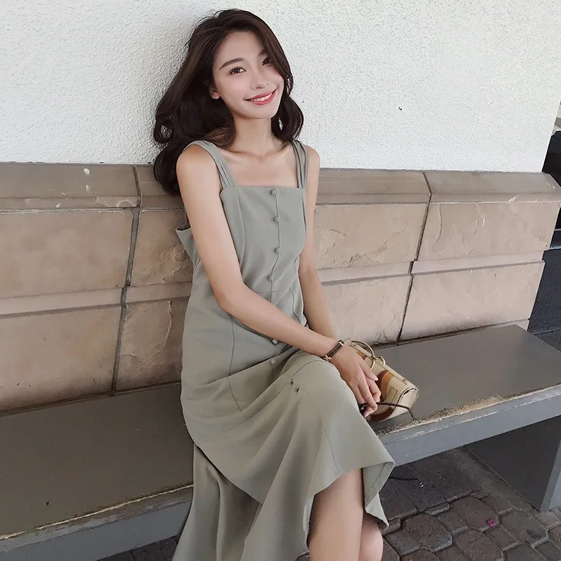 

Photo Shoot CHIC Sweet Light Green Mid-length Slim Fit Simple Camisole Single Breasted Flounced Dress Women's OL Summer
