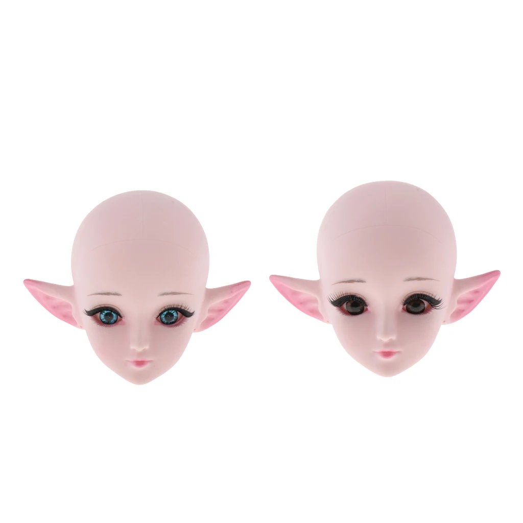 2pcs 1/3 Ball Jointed Girl Dolls Head with Elf Ear and Makeup for 60cm BJD Dolls Accessories