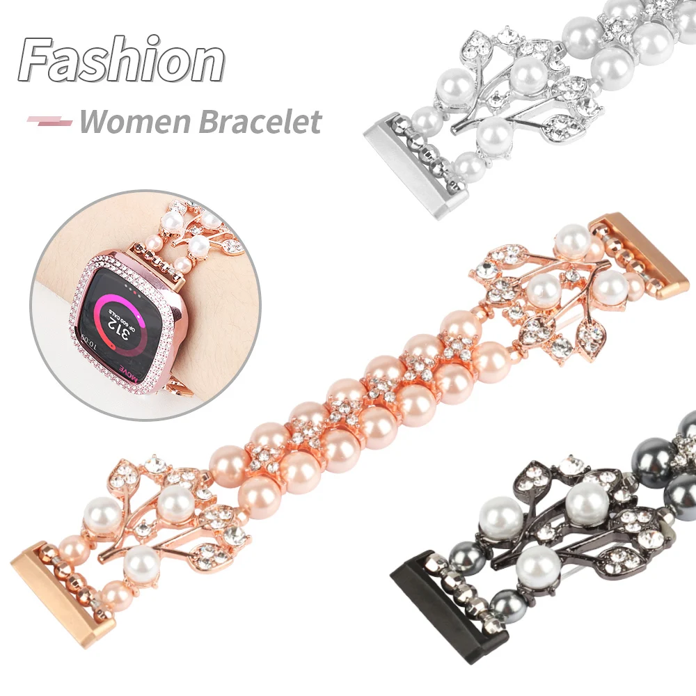 Leaves Diamond Design Bead Bracelet for Fitbit Sense Versa 3 Watch Band Metal Jewelry Strap Bling Elastic Stretch Wrist Belt | Наручные