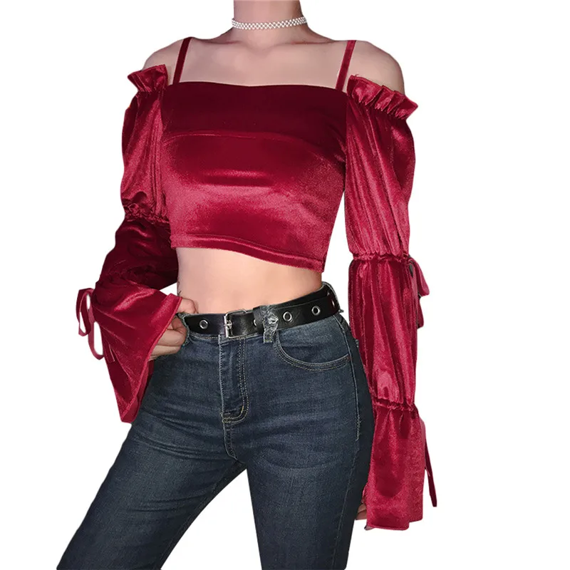 

Women Spring Autumn Suspender Blouse Flare Long Sleeve Crop Tops Slimming Wrap Cheat Pleated Club Evening Party Fashion Shirts