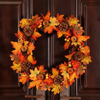 

60cm Artificial Pumpkin Wreath Maple Garland Rattan Artificial Fall Wreath Front Door Home Decor Thanksgiving
