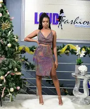 Summer New Women Two Piece Set Sexy Strap V Neck Bling Print Halter Short Top Mini Skirt Backless Off The Shoulder Women's Set
