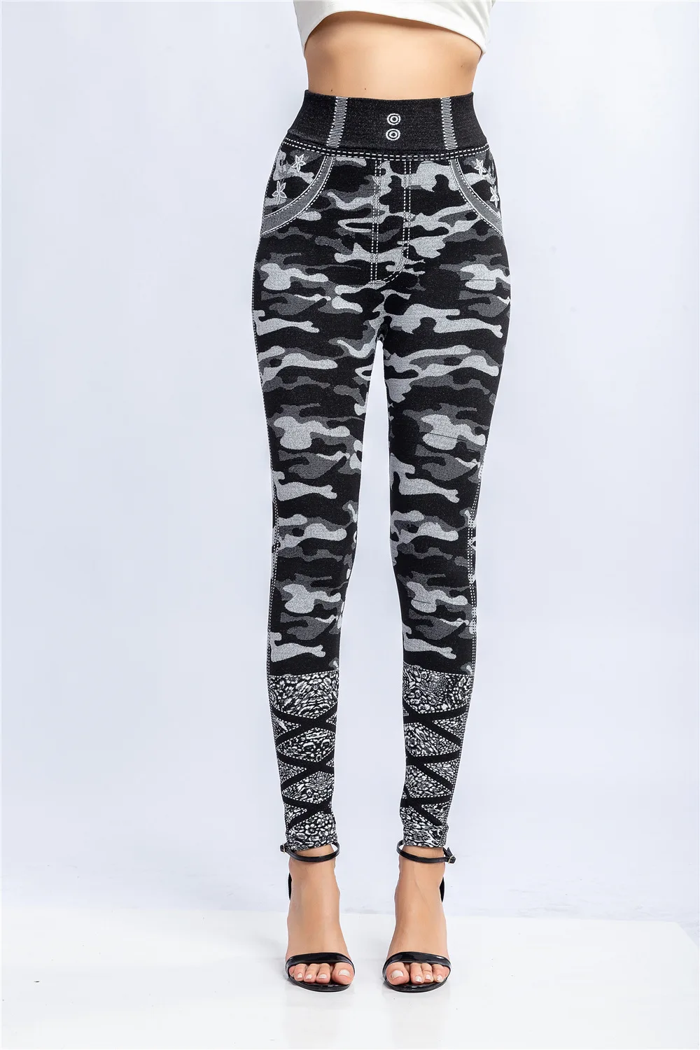 2021 Women's Large High Waist Fake Jeans Fashion Camouflage Printing Imitation Pocket Pants Super Elastic Tight Imitation Jeans brown leggings