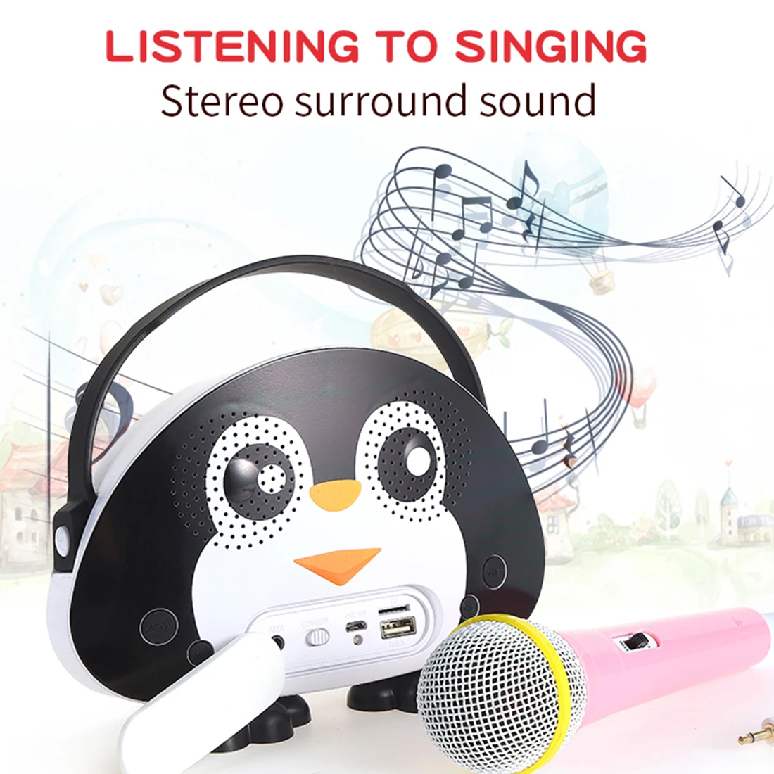  Children Portable Bluetooth Speaker Wireless Soundbar Karaoke Machine With Microphone - Black/Pink