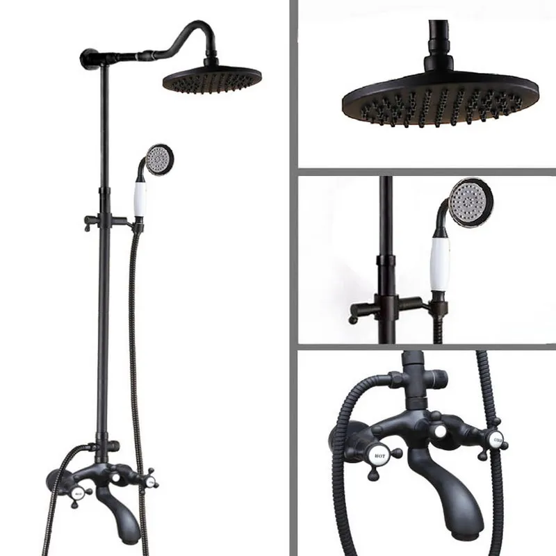 

Brass Wall Mounted Black Oil Rubbed Bronze Bathroom Rain Shower Faucet Set Bath Tub Hot Cold Mixer Tap Dual Cross Handles ahg616