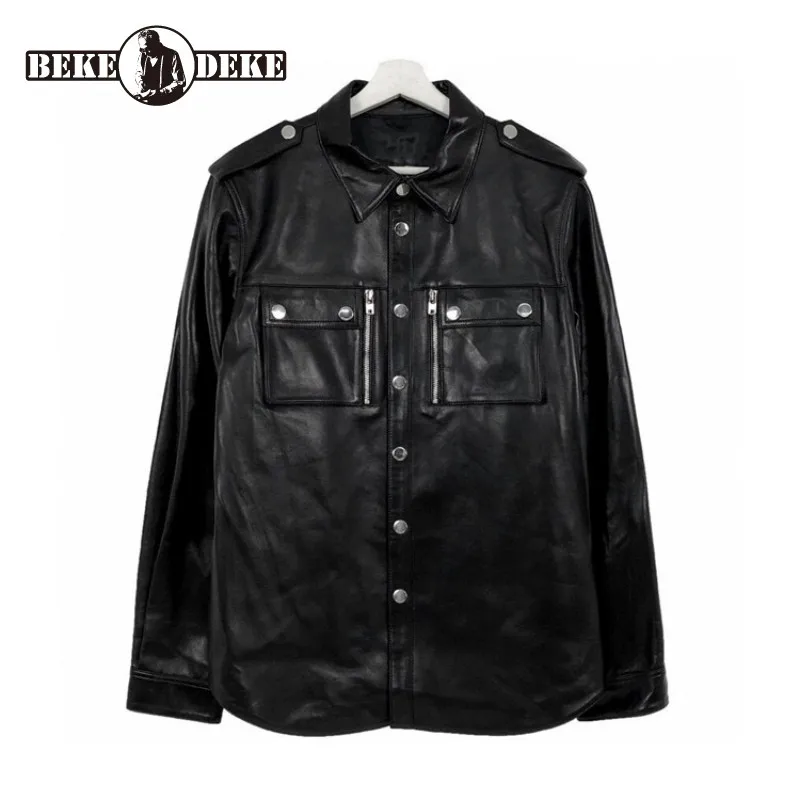 

Designer Men Safari Style Sheepskin Coat Street Real Leather Single Breasted Cargo Jacket High Quality Shirt Outerwear