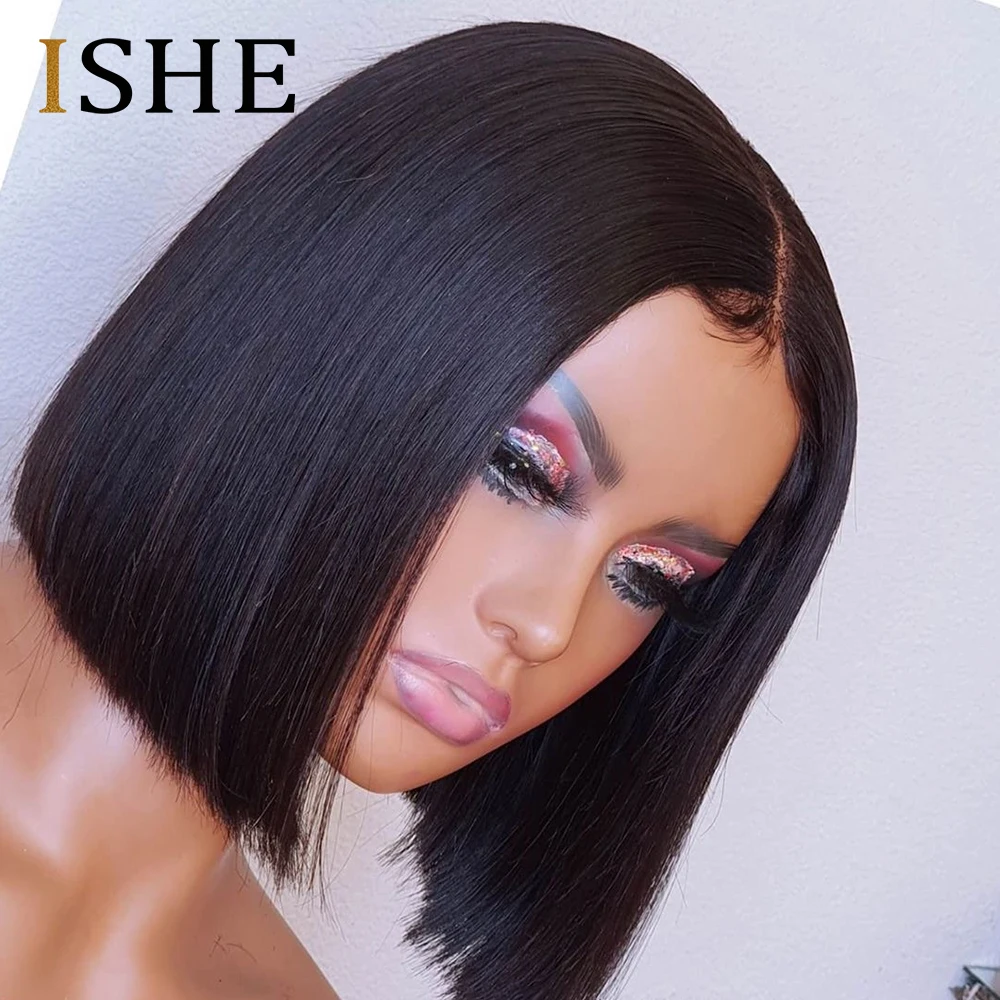 Pelucas de Bob corto con malla con división frontal para mujer, cabello humano liso, prearrancado, con pelo de bebé, Bob, encaje frontal, sin pegamento