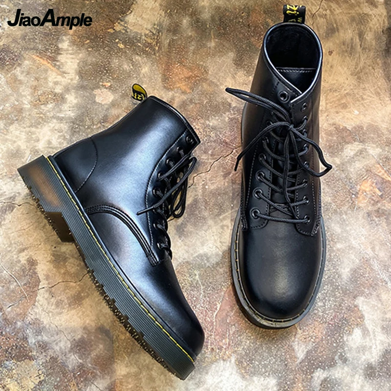 Men's Boot 2022 Autumn Winter Warm Fleece Lined PU Leather Boots Women Man Lover's Fashion Snow Lace-Up Black Shoes
