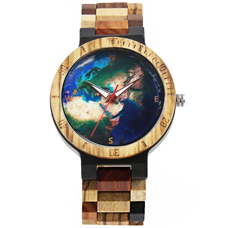 Solid Natural Wood Watch Men Quartz Watch The Earth World Planet Design Wooden Band Male Wristwatch Clock Man Relogio Masculino