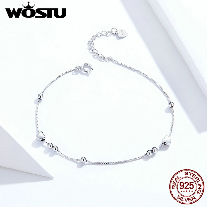 WOSTU, настоящее 925 пробы, серебряный браслет в форме сердца, шарик, цепочка, звено для женщин, оригинальные браслеты, модные свадебные украшения CQB172