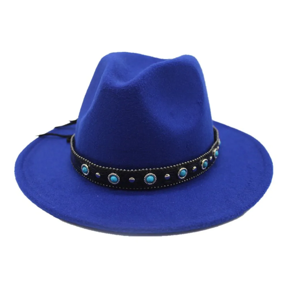 Blue Винтажная аутентичная Шляпа Fedora для мужчин и женщин с поясом в стиле панк зимняя Уличная Повседневная шляпа широкая шляпа размер 56-58 см - Цвет: Blue