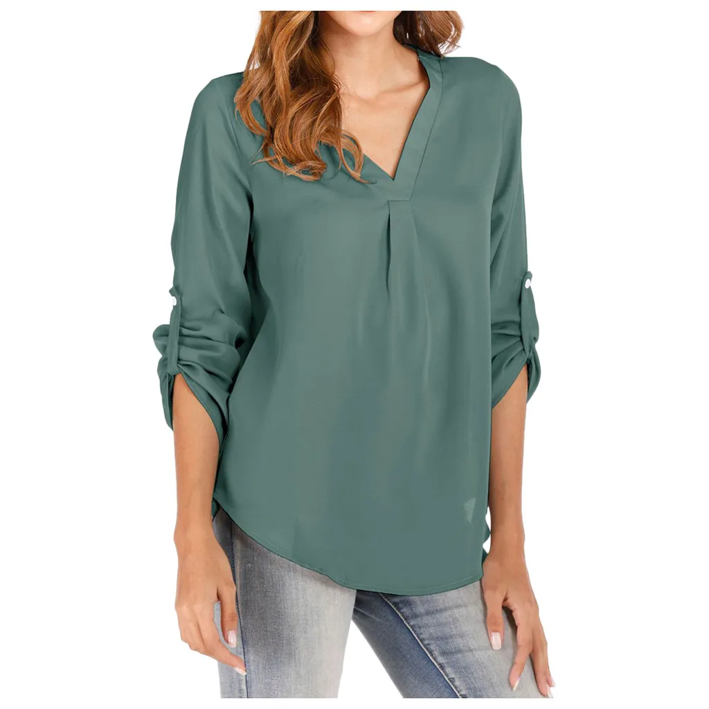 Light blue Элегантная Осенняя модная однотонная блуза с карманами Повседневная зимняя Рабочая офисная Футболка Топ Женская рубашка с рукавом 3/4 Blusa пуловер - Цвет: Light blue