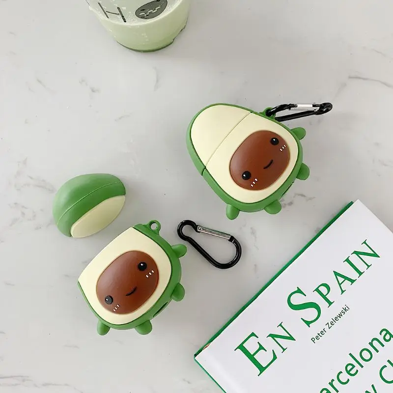 

Cute Avocado Pattern Soft Silicone Protective Cover Shockproof Case Skin with Carabiner for Airpods 1/2 Charging Box