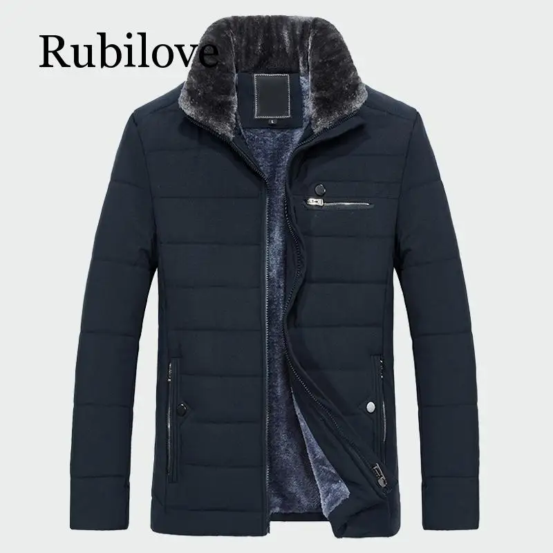 Rubilove стиль зимнее мужское теплое пальто из плотного флиса модные длинные куртки Мужская брендовая одежда мужское пальто с меховым воротником