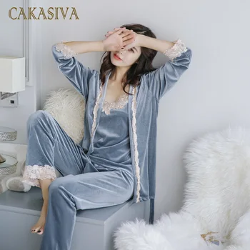 

Nightgown Female Sexy Pajamas Velvet Robe Three-Piece Suit Female Pajama Set Long Sleeve Sleepwear Suit Women Nightshirt