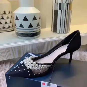 

kmeioo classic dress shoes woman pointed toe pumps elegant pearl high heels shallow thin heels Polka Dot pumps shallow shoes