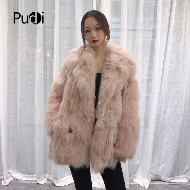 

Pudi TX223902 women casual Real fox fur coat jacket overcoat lapel collar lady fashion winter warm genuine fur coat outwear