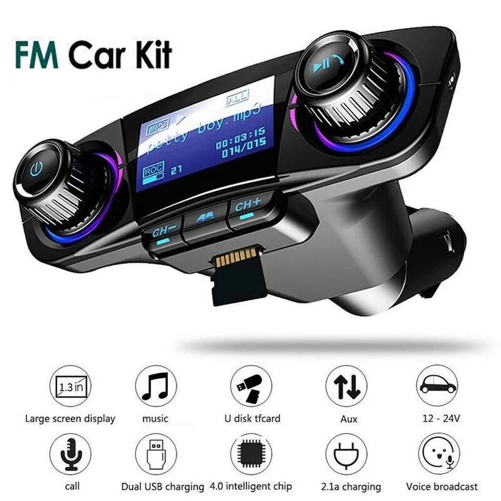 

New 1.3 inch dot matrix LED display BT Car FM Transmitter MP3 Player Hands free Radio Adapter Kit USB Charger multilingual#P15