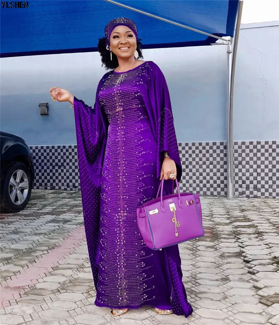 Silk Satin African Dresses for Women Dashiki Diamonds African Clothes Bazin Robe Boubou Africain Africa Dress Headtie Head Wraps 01