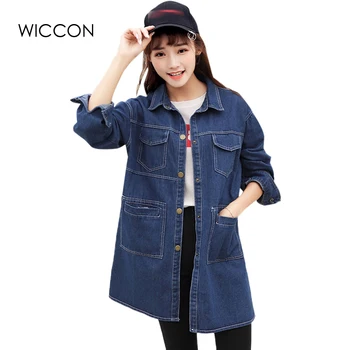 

autumn new woman coats medium length large pockets turn down collar single breasted loose coat wide waist fashion denim trench