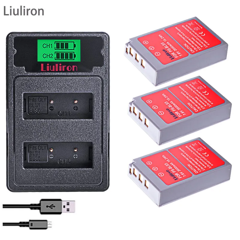 

TYPE-C DUAL Charger + 2000mAh BLS-5 BLS5 Bls50 Battery for Olympus OM-D E-M10,Mark III,Mark II,PEN E-PL2,E-PL6,E-PM2, Stylus 1