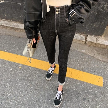 

BornSra High Street Stretch Black Jeans for Women High Waist Pockets Buttons Women Denim Jeans Long Denim Pants 2020