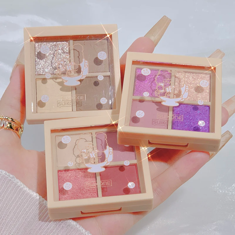 밝은 일광 아이섀도우 팔레트 글리터 매트 아이섀도우 샤이니 쉐이딩 파우더, 소프트 핑크 피치 컬러 하이라이트 메이크업, 4 색