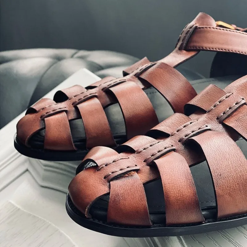Zapatos Retro Roma para hombre, Sandalias planas de cuero genuino