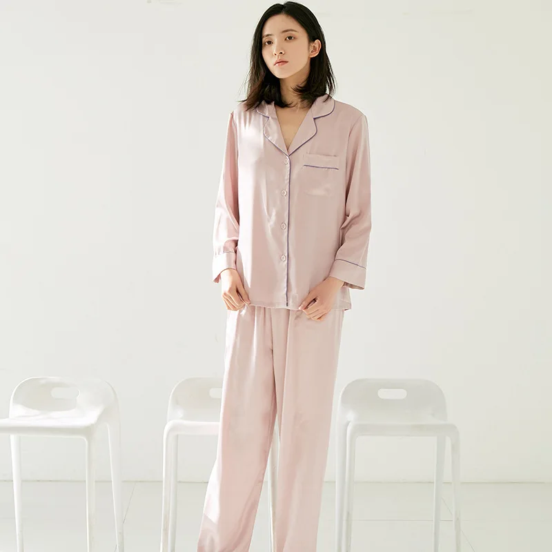

Casual Pajamas Suit Solid Purple Sleep Set 2021 New Homewear Intimate Lingerie Satin Nightwear Pyjamas Long Sleeve Sleepwear