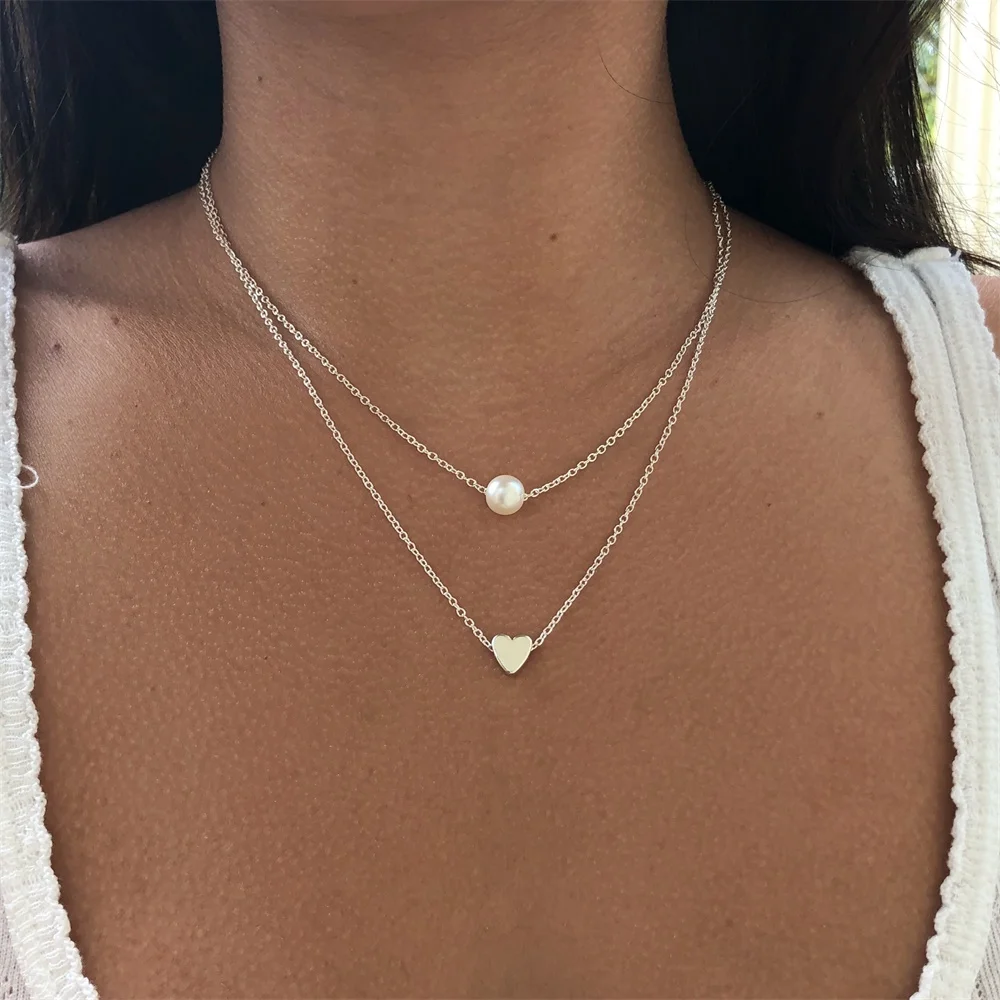 

NEW Bohemia Simple fashion Imitation pearl love Heart Double layer Clavicle chain necklace accessories female Jewelry New