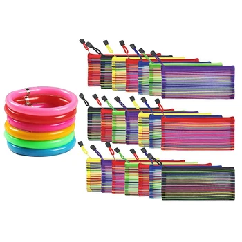 

21Pcs Zipper Mesh Pouch To Storage Stationery Supplies Cosmetics Travel & 20Pcs Bracelet Ball Pen Novelty Flexible Ballpoint Pen