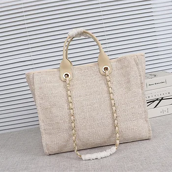 

2020 New Style Chain Large Capacity Shopping Pockets Soft Handbags and Single Shoulder Women's Canvas Large Casual Shopping Bag