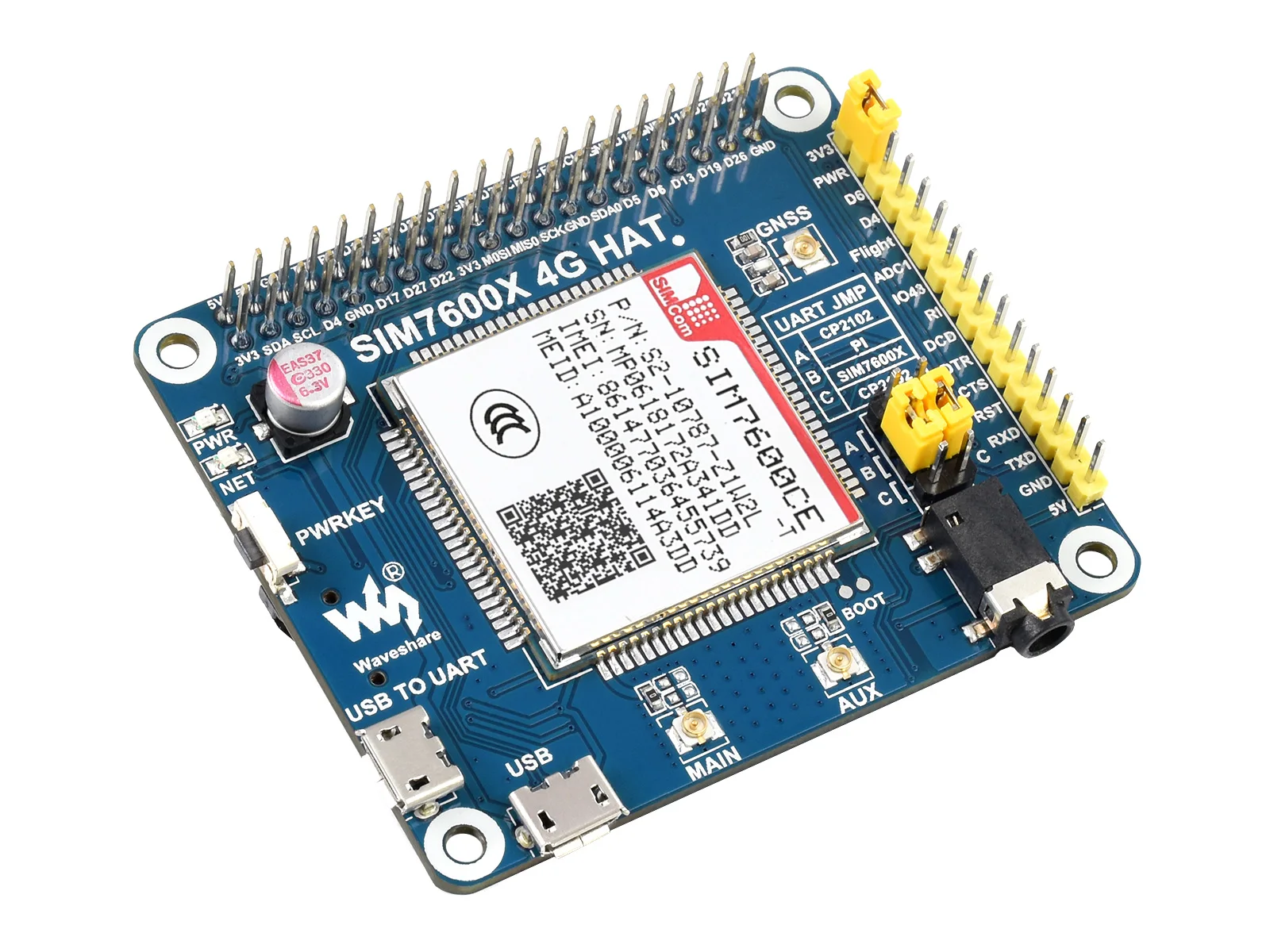 Waveshare  ̿ SIM7600CE 4G HAT, LTE Cat-4 4, 3G, 2G , GNSS Ŵ, ߱