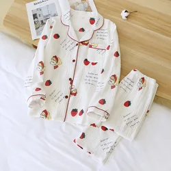 Spring and Autumn Strawberry Girl Cotton Crepe Cloth Pajamas Suit Cartoon Home Service Comfortable Two Piece Set Kawaii